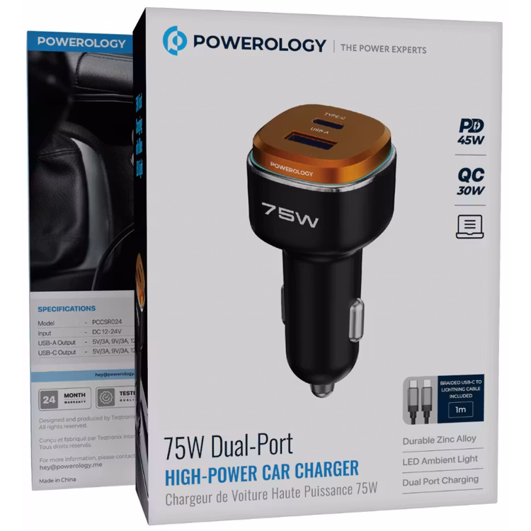 POWEROLOGY 75W DUEL PORT CAR CHARGER LIGHNING