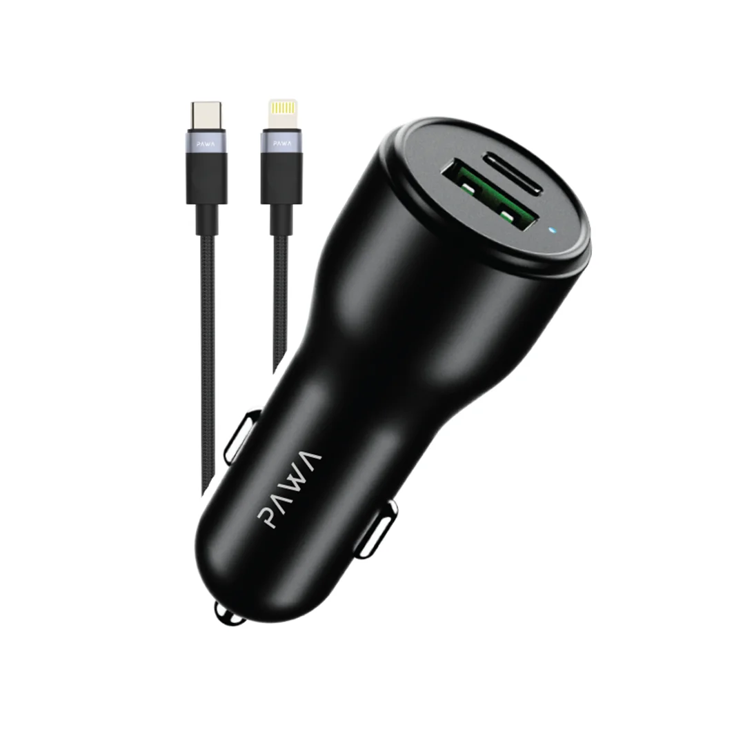 PAWA SOLID DUEL PORT CAR CHARGER C TO LIGHTNING