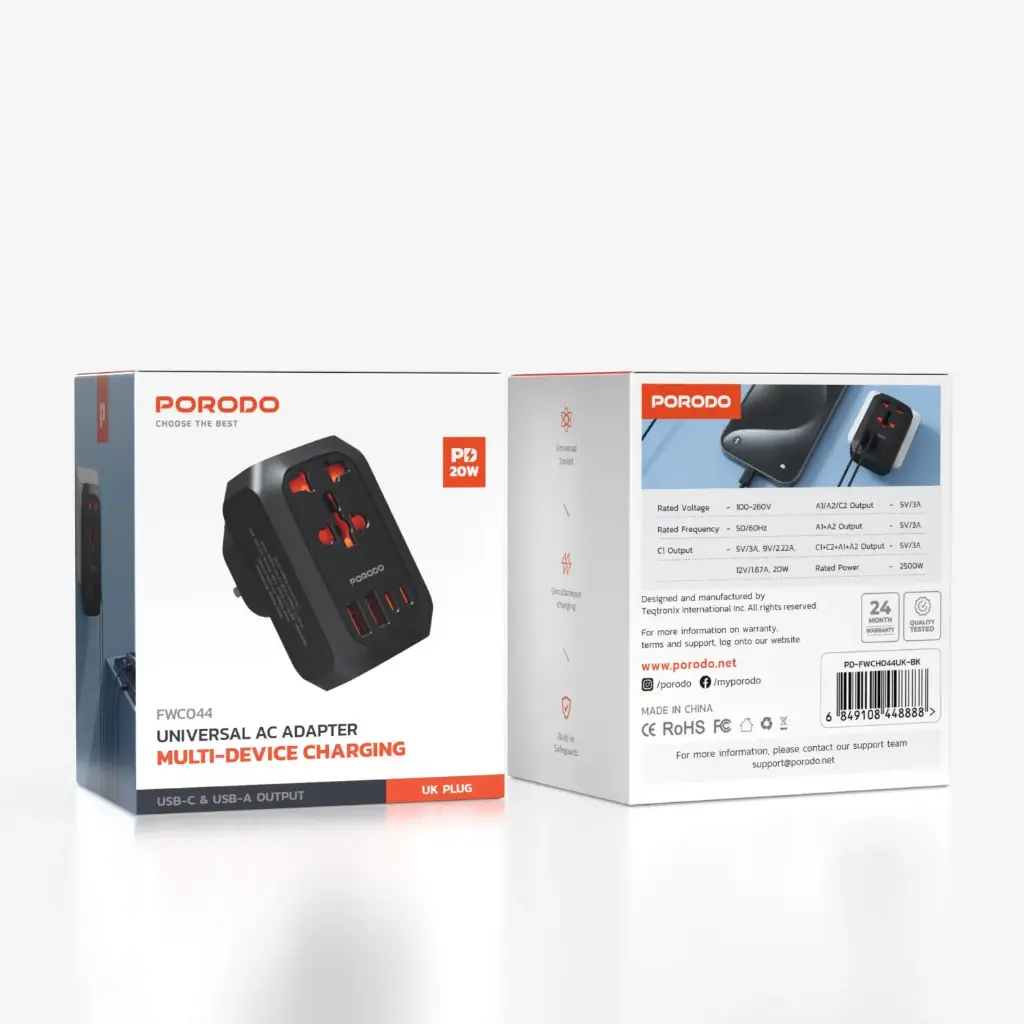 Porodo Universal AC Adapter Multi-Device Charging UK Plug-BLACK