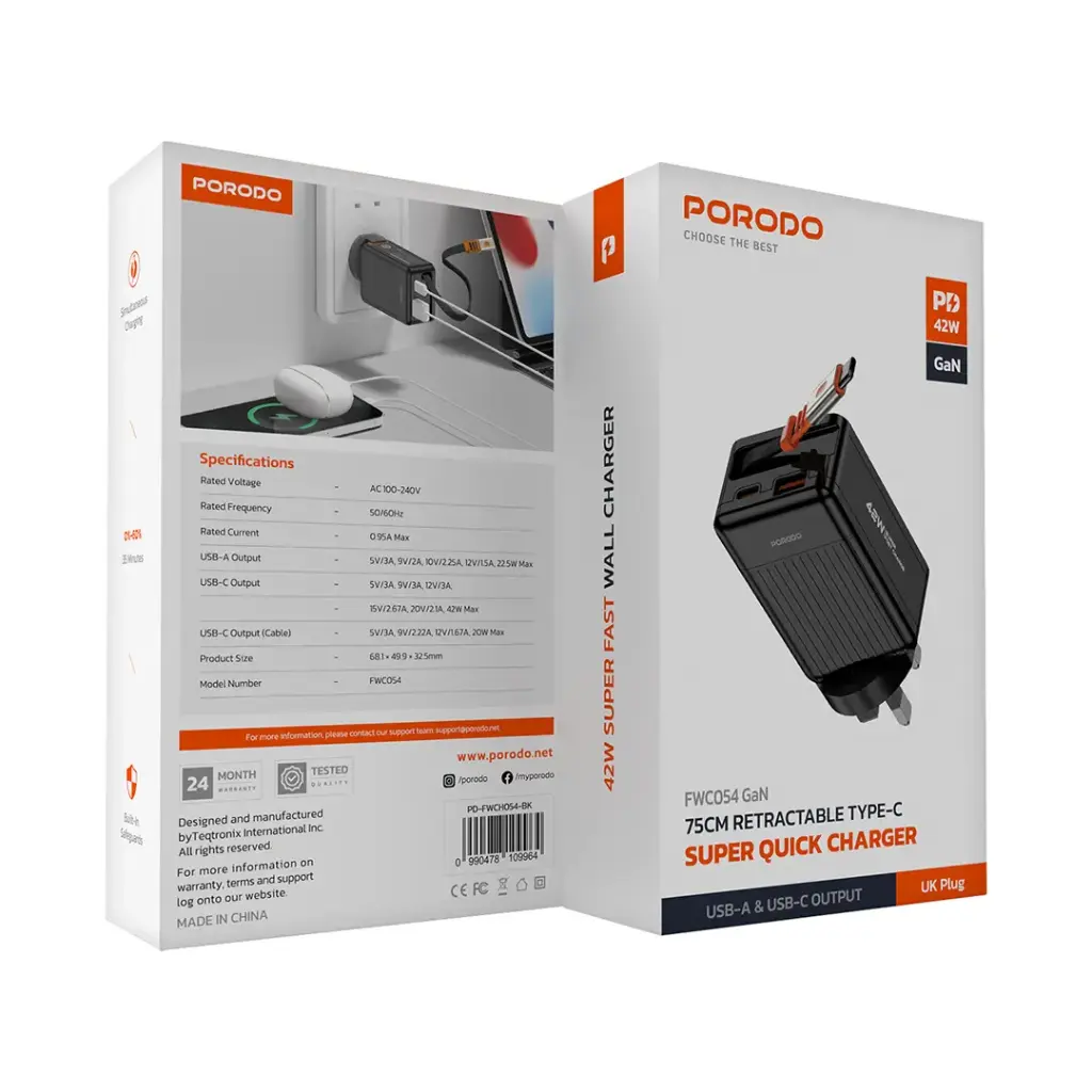 Porodo 75cm Retractable Type-C Super Quick GaN Charger-Black