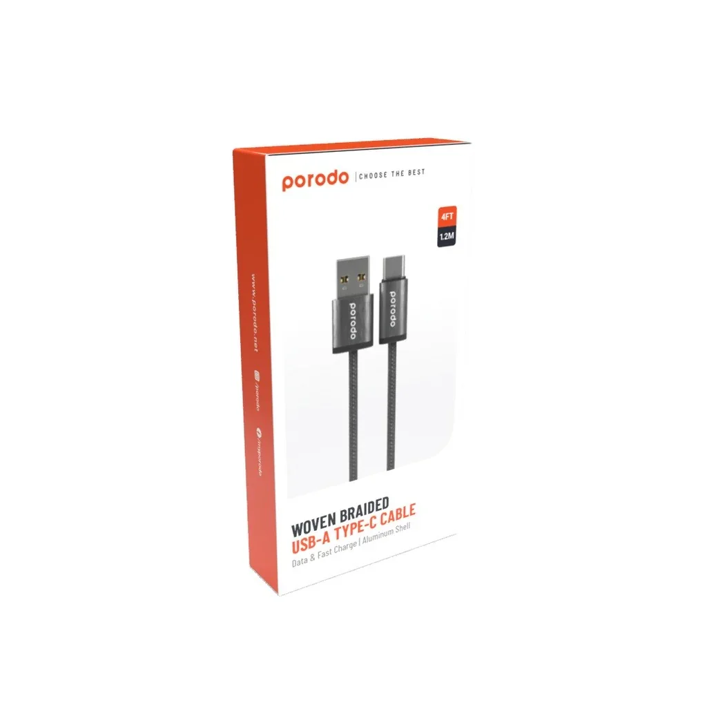 PORODO WOVEN BRAIDED USB-A TYPE-C CABLE DATA & FAST CHARGE ALUMINUM SHELL 1.2M/4FT BLACK