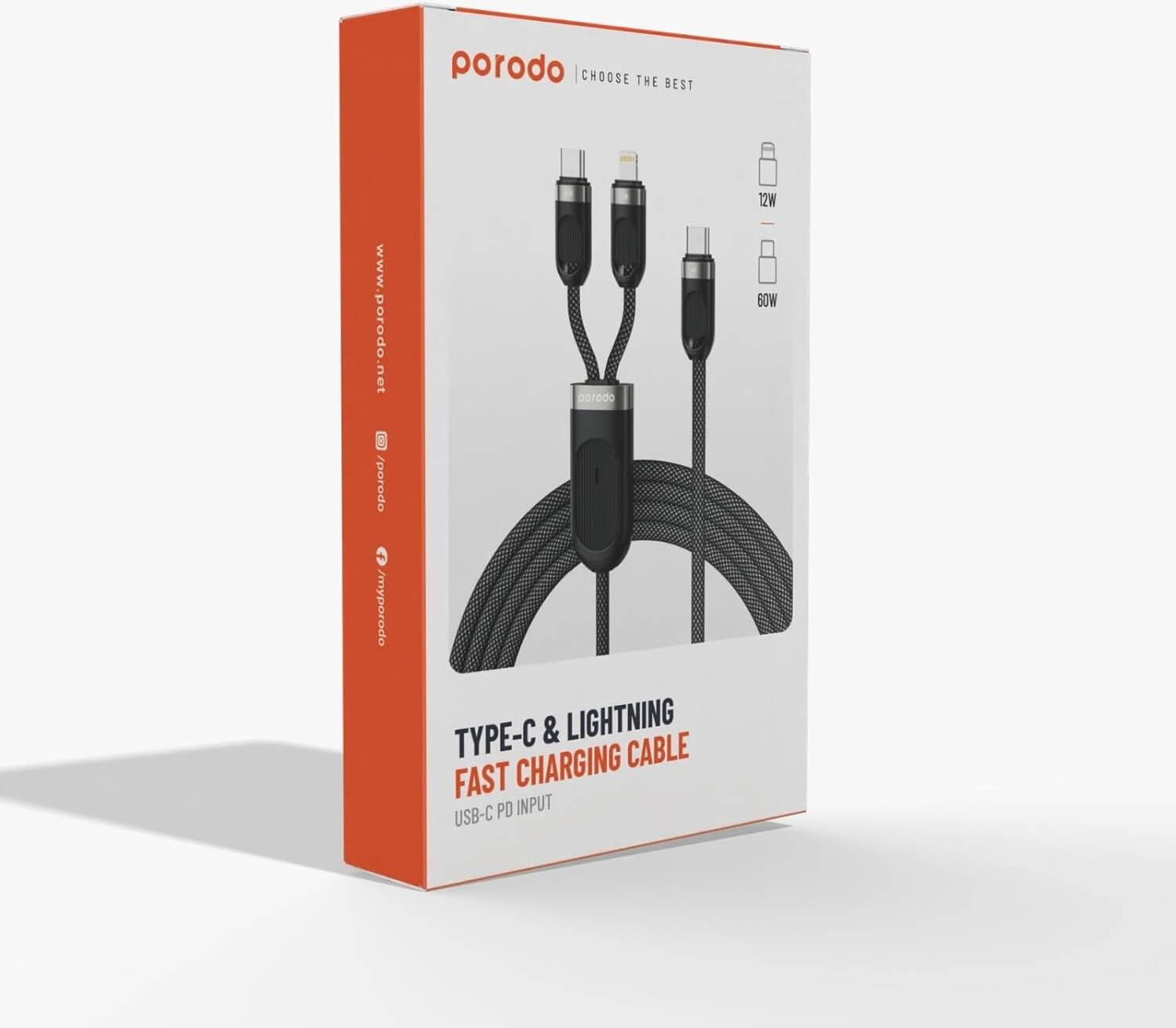 PORODO TYPE-C TO TYPE-C & LIGHTNING FAST CHARGING CABLE - BLACK