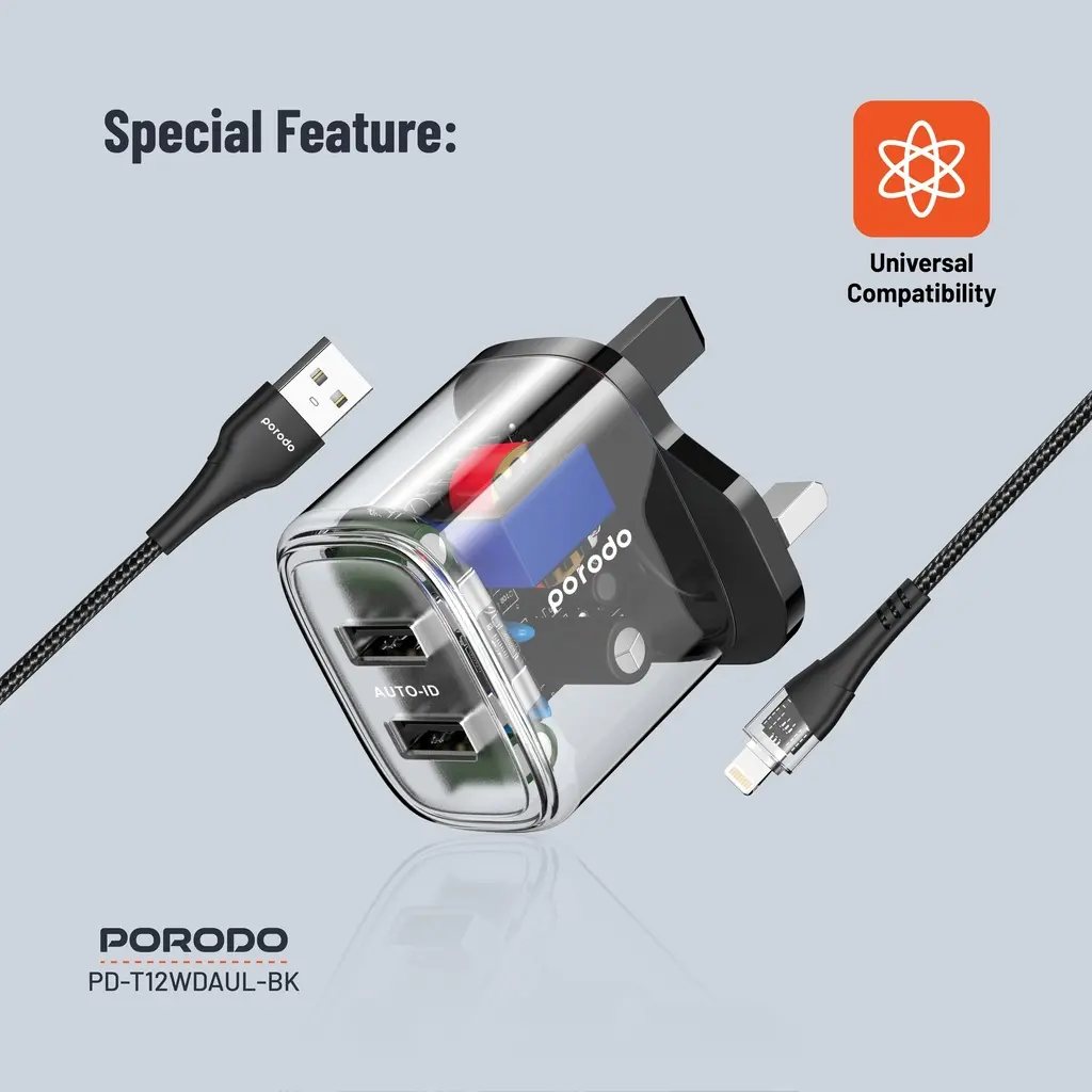 PORODO 2.4A AUTO ID TECHNOLOGY DUAL OUTPUT TRANSPARENT CHARGER WITH USB-A TO LIGHTNING CABLE 1.2 METER PORODO – BLACK