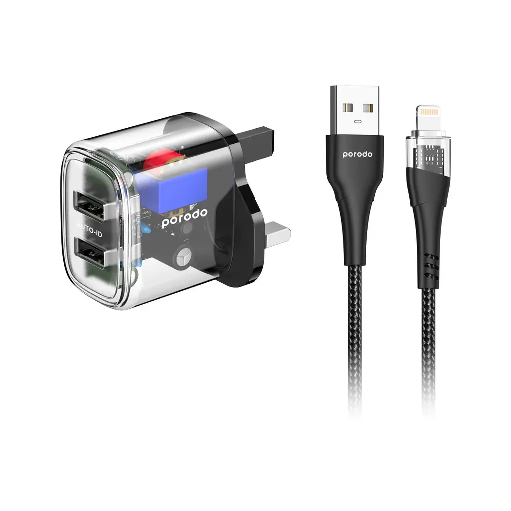 PORODO 2.4A AUTO ID TECHNOLOGY DUAL OUTPUT TRANSPARENT CHARGER WITH USB-A TO LIGHTNING CABLE 1.2 METER PORODO – BLACK