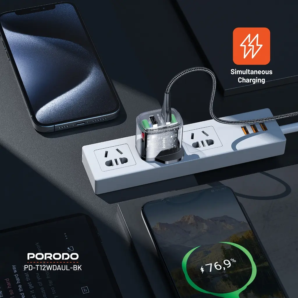 PORODO 2.4A AUTO ID TECHNOLOGY DUAL OUTPUT TRANSPARENT CHARGER WITH USB-A TO LIGHTNING CABLE 1.2 METER PORODO – BLACK