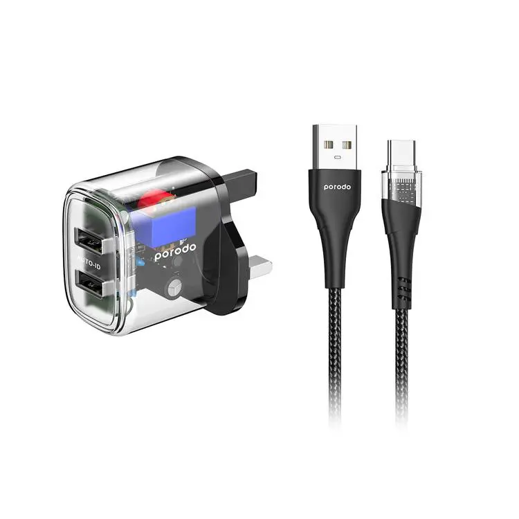 PORODO 2.4A AUTO ID TECHNOLOGY DUAL OUTPUT TRANSPARENT CHARGER WITH USB-A TO USB-C CABLE 1.2 METER PORODO – BLACK