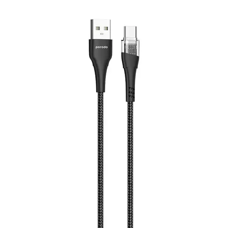 PORODO 2.4A AUTO ID TECHNOLOGY DUAL OUTPUT TRANSPARENT CHARGER WITH USB-A TO USB-C CABLE 1.2 METER PORODO – BLACK