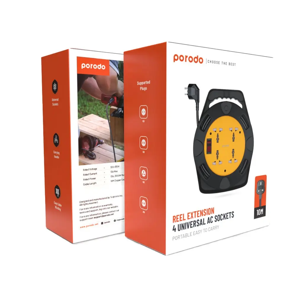 PORODO 4AC EXTENSION CABLE REEL WITH UNIVERSAL PLUG (10M)