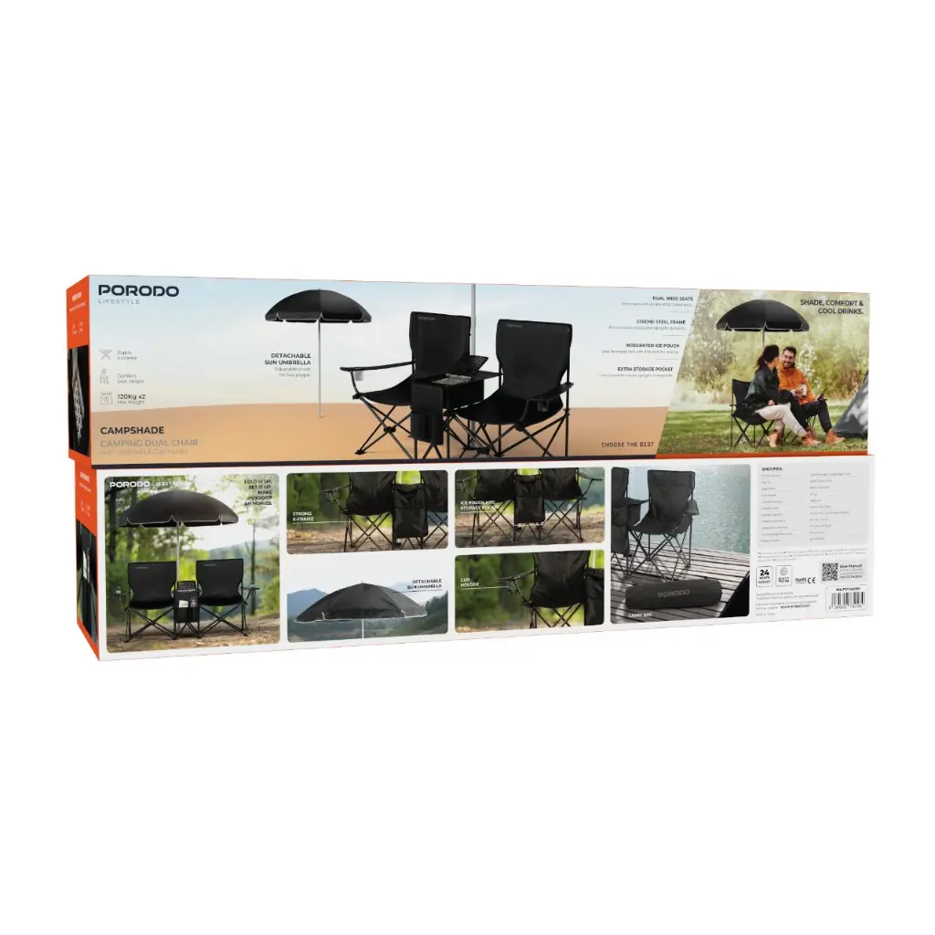 PORODO LIFESTYLE CAMPSHADE CAMPING DUAL CHAIR BLACK