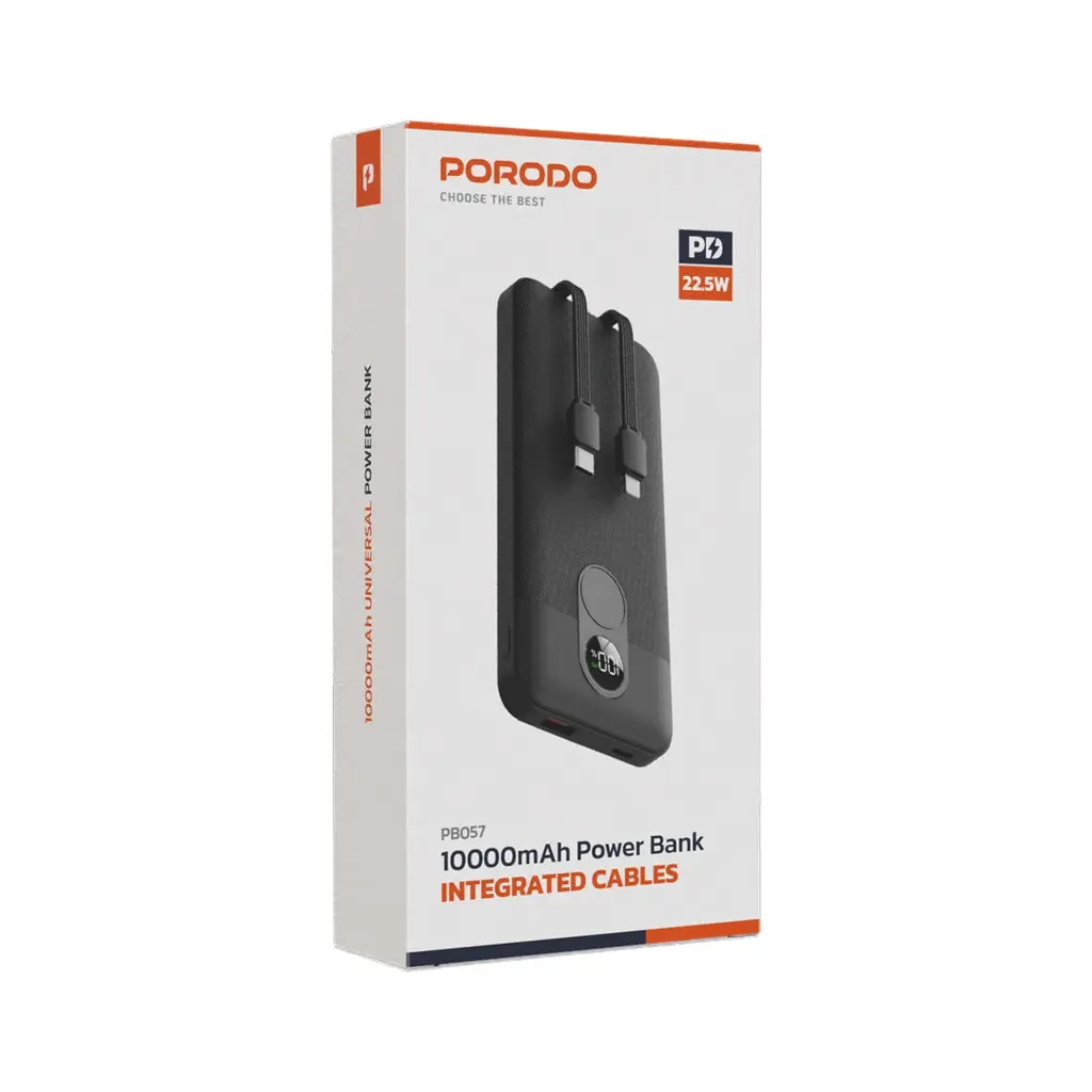 PORODO 10000MAH POWERBANK C & LIGHTNING BLK
