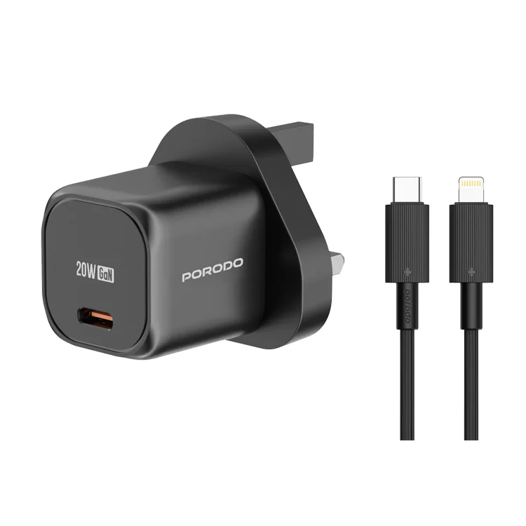 PORODO 20W SINGLE USB C CHARGER UK WITH TYPE C TO LIGHTNING CABLE 1.2M