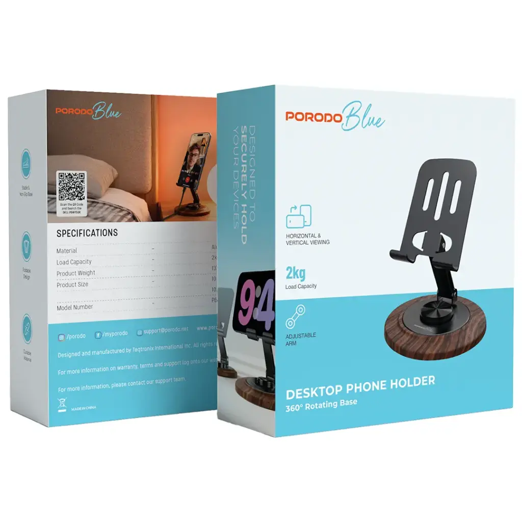 PORODO BLUE DESKTOP PHONE HOLDER 360° ROTATING BASE - BLACK