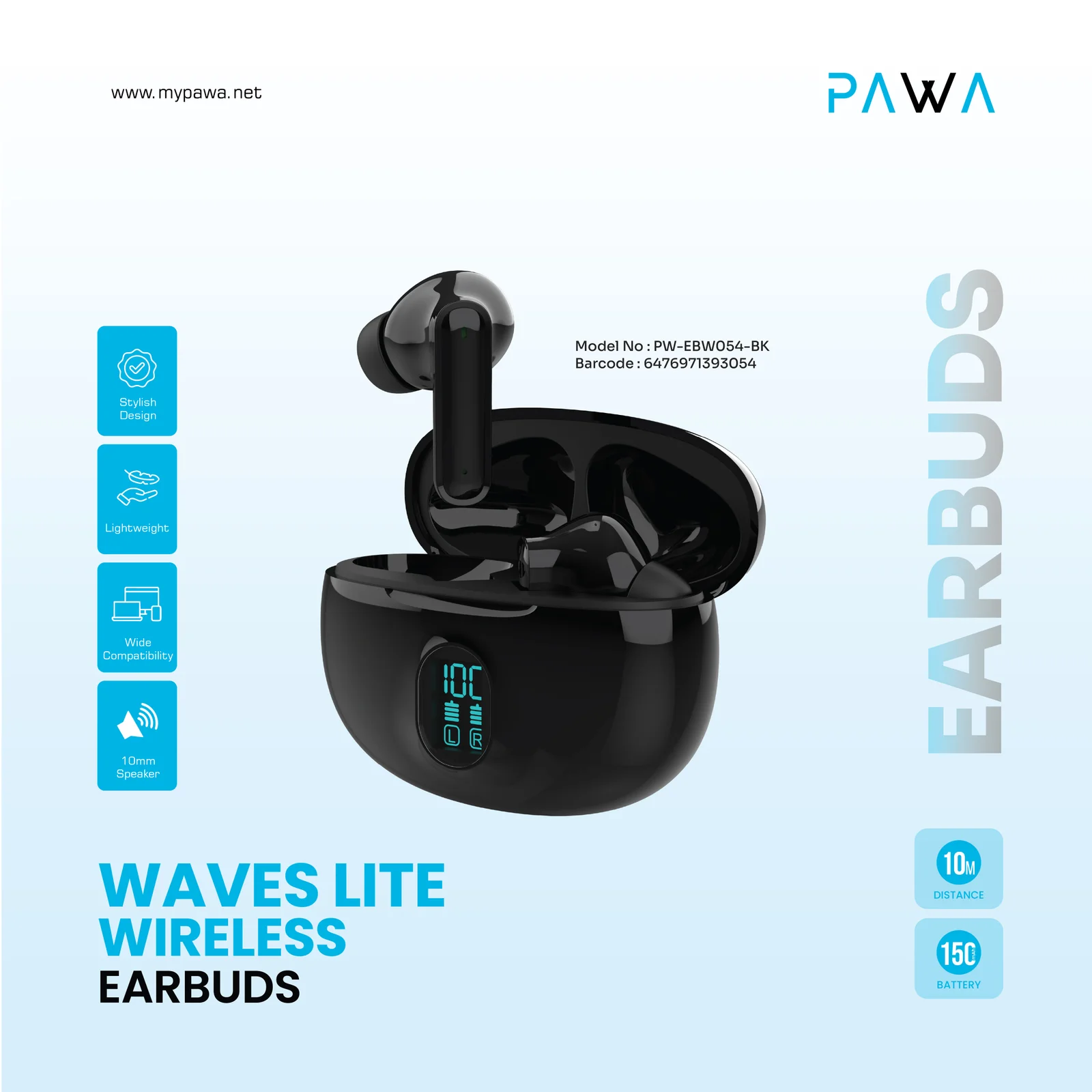 PAWA WAVES LITE WIRELESS EARBUDS - BLACK