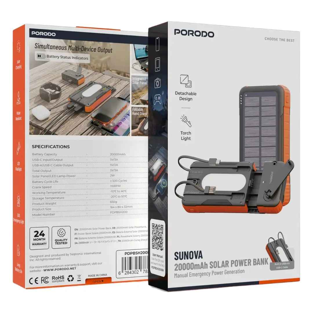 PORODO SUNOVA 20000MAH SOLAR POWERBANK