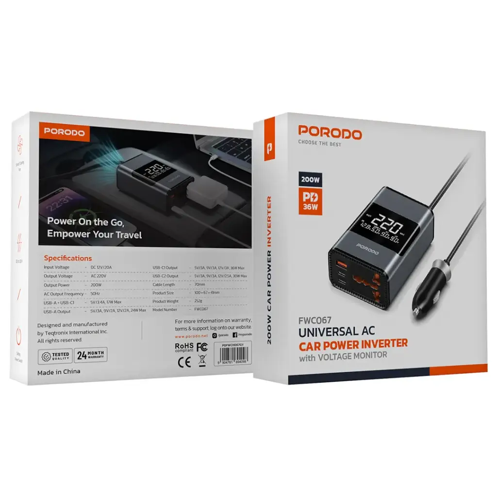 PORODO UNIVERSAL AC CAR POWER INVERTER - GRAY